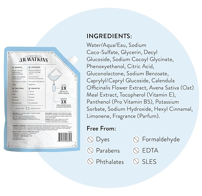 J.R. Watkins Foaming Hand Soap Refill, Moisturizing Foam Hand Wash, Formulated with Plant-Based Cleansers, Alcohol-Free, Cruelty-Free, Ocean Breeze, 28 fl oz, 2 Pack