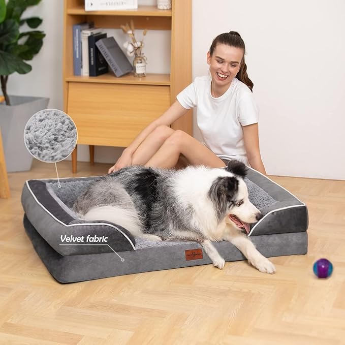 Comfort Expression Orthopedic Dog Bed for Extra Large Dogs 53x42 Inch, Waterproof Supportive Egg Crate Foam XXL Pet Bed with Removable Bolsters, Dog Couch with Washable Cover & Non-Slip Bottom, Grey