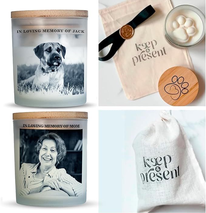 Custom Photo Candle | Printed on Glass | Memorial for Parent, Mother, Dad, Dog, Cat, Pet Memorial | Condolence Remembrance, Light Remains | Engraved Lid | Scented, Soy Wax, USA Made | Keep&Present