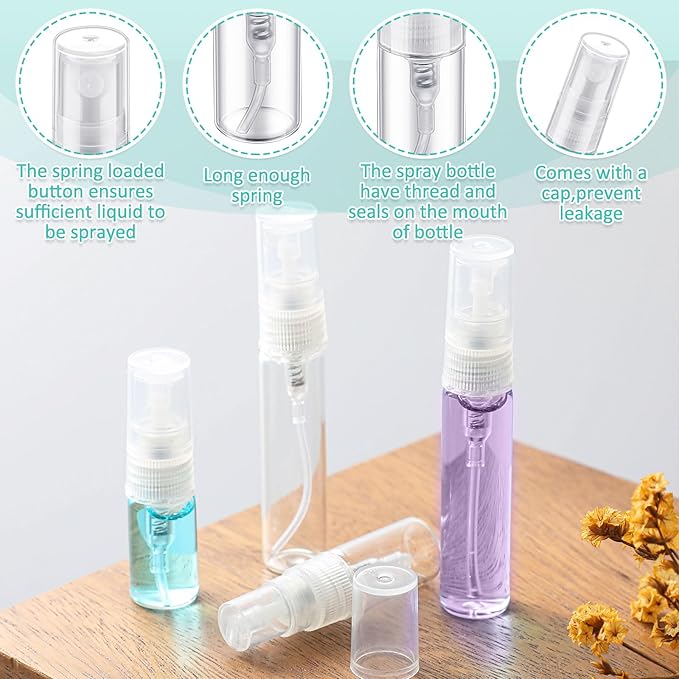 Zhehao 200 Pcs Mini Spray Bottles 2 ml, 5 ml Clear Glass Perfume Bottles Refillable Fine Mist Perfume Atomizer Portable Empty Sample Containers for Cleaning, Essential Oils, Travel (Clear Cap)