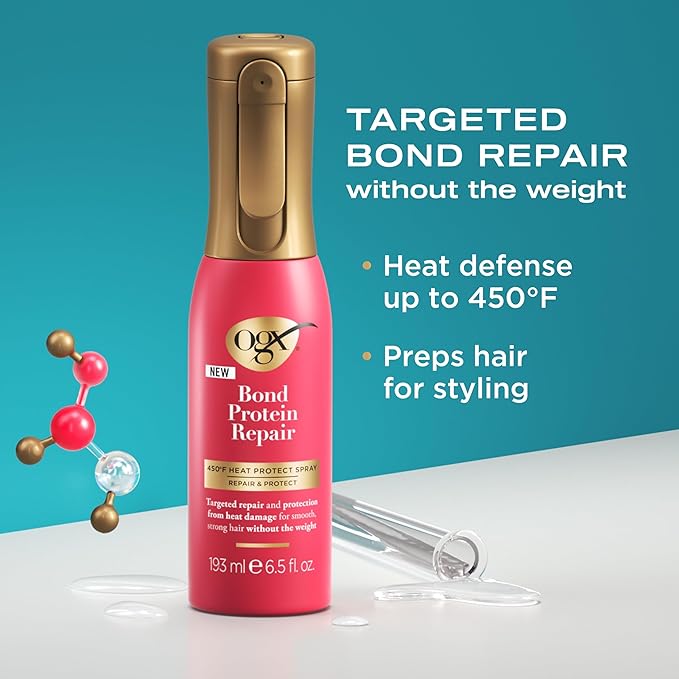 OGX Repair & Protect Bond Protein Repair 450°F Heat Protect Spray, Thermal Protection Spray for Targeted Damage Repair & Protection from Heat Damage, 6.5 fl. oz (Pack of 2)