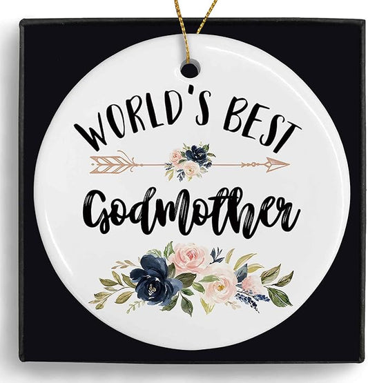 World's Best Godmother Ceramic Ornaments Gifts, Godmother Round Hanging Ornament Decor Decorations for Christmas Tree Car, Thank You Appreciation Gifts for Godmother Birthday Holiday