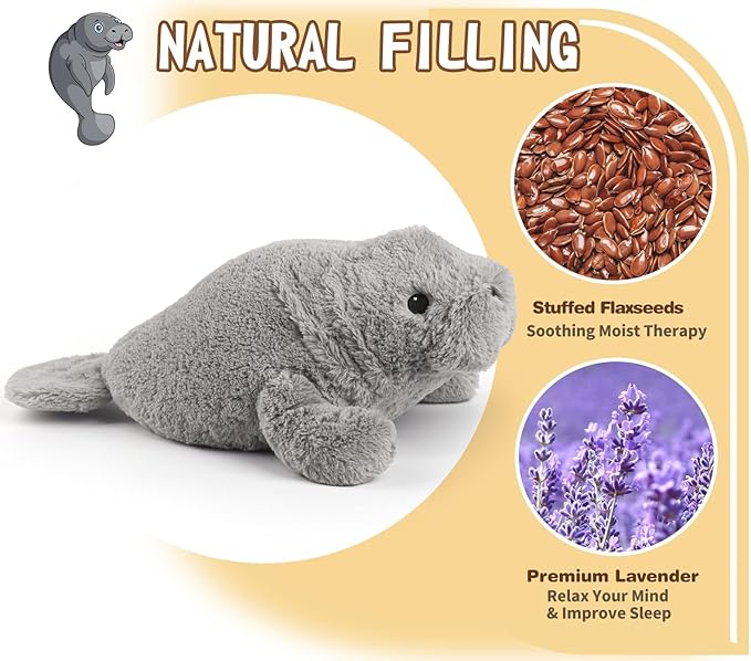 Manatee Stuffed Animals, Microwavable Stuffed Animal Adorable Fluffy Manatee Plush for Warmth Comfort, Heatable Coolable Lavender Scent Toy, Cute Soft Plushie Gift for Kids Adult & Children Boys Girls