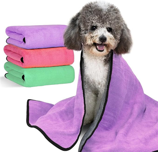 MICOOYO 3PCS Dog Towels for Drying, Super Absorbent Pet Grooming Towels, Quick Drying Dog Bath Towels for Puppy Cats (Violet, Pink, Green, S)