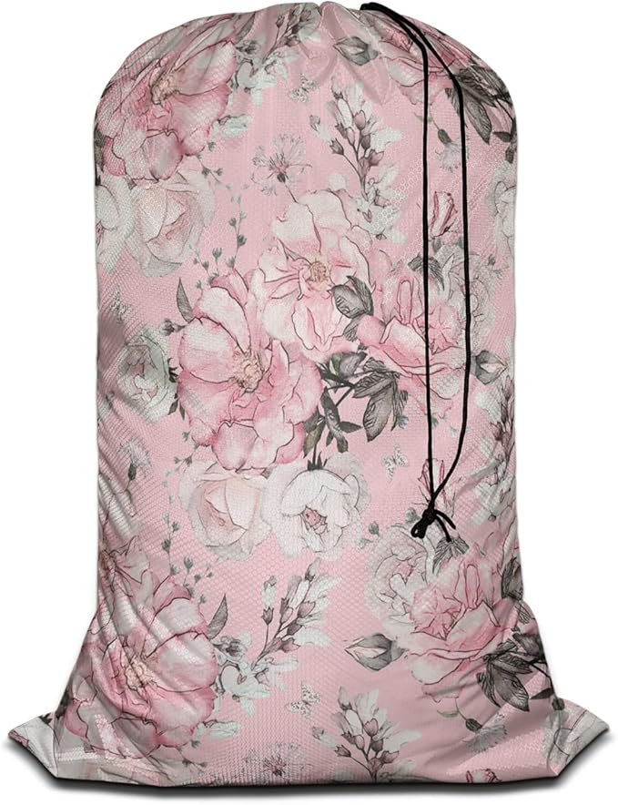Swono Watercolor Flowers Extra Large Laundry Bag with Drawstring Closure 28"x40", Floral Peonies Rose Leaves Petal Romantic for Home, Dorm and Apartment Dwellers, Pink