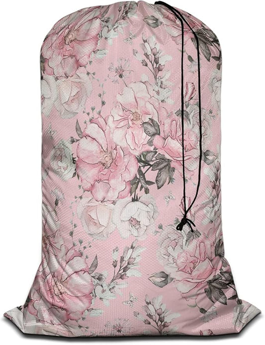 Swono Watercolor Flowers Extra Large Laundry Bag with Drawstring Closure 28"x40", Floral Peonies Rose Leaves Petal Romantic for Home, Dorm and Apartment Dwellers, Pink