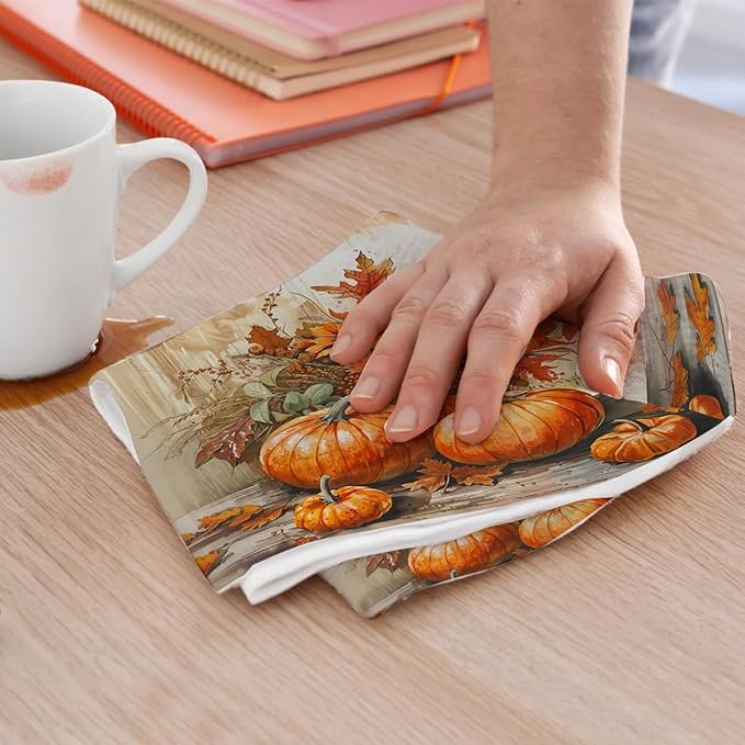 3 Pcs Fall Themed Kitchen Towels, Rustic Pumpkin Decorative Absorbent Microfiber Dish Cloth Tea Towel, Maple Leaves Waffle Soft Hand Towels for Farmhouse Home Kitchen, Mushroom Gifts