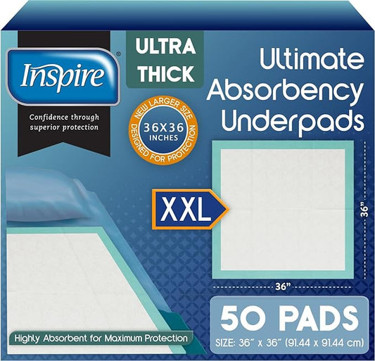 Inspire Extra Large Super Absorbent Disposable Bed Pads for Chronic Incontinence Ultra Thick and Absorbent Bed Pads Disposable Adult | Pee Pads for Adults (36" X 36" Pack of 50)
