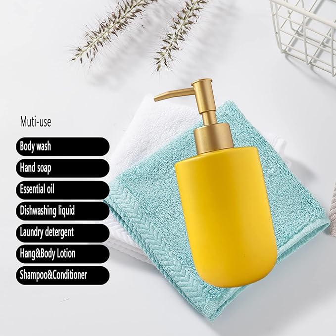 Liquid Soap Dispenser for Bathroom with Gold Pump，Dish Soap Dispenser for Kitchen,Refillable Countertop Lotion Ceramics Yellow Hand Soap Dispenser for Shower 420ml (Cylindrical Yellow Bottle)