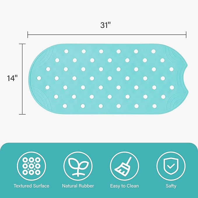 Rubber Bathtub Mat Shower Mat Non-Slip, 31x14 Inch, Bath Tub Floor Mat with Suction Cups and Drainage Holes, Turquoise