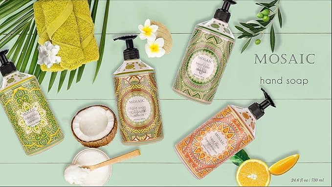 Mosaic Liquid Hand Soap / Wash Gift Set, Ideal Bathroom Kitchen Hand Soap Set , Olive Oil + Coconut & Hibiscus + Gardenia + Orange Blossom, 4 x 24.6 fl oz Each Liquid Soap Bottle