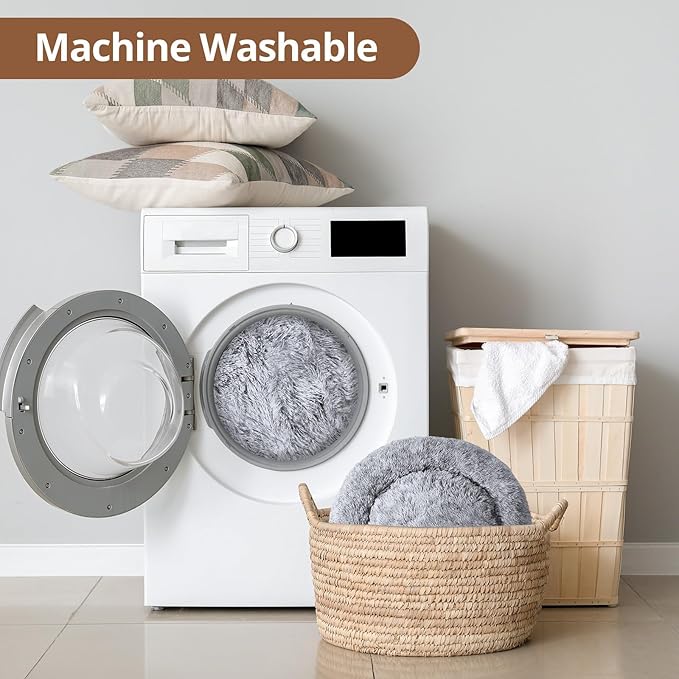 JOLLYVOGUE Small Dog & Cat Beds for Indoor Cats, Donut Cuddler Warming Soft Dog Beds with Anti-Slip Bottom, Round Calming Fluffy Plush Faux Fur Cushion Bed for Medium Dogs (31", Smoke Grey)