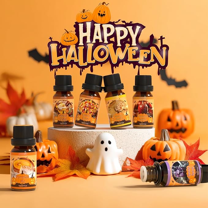 Halloween Fragrance Oils Set, ARVIDSSON Fall Essential Oils for Diffuser - Pumpkin Pie, Spiced Cider, Caramel Apple, Candy Corn, Snickerdoodle, Spooky Spices, Autumn Scented Oil Gift for Women