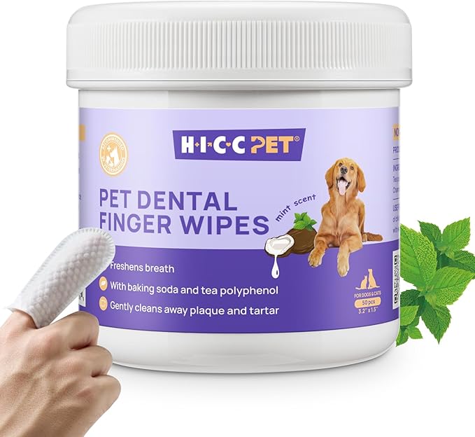 HICC Pet Teeth Cleaning Wipes for Dogs & Cats, Vet-Recommended Remove Bad Breath & Plaque & Tartar Buildup Dog Finger Toothbrush Wipes, No-Rinse Dog Tooth Brushing Kit Gentle Cleansing & Gum Care