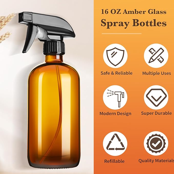 Vitreaux 2 Pack Amber Glass Spray Bottles,16oz Glass Spray Bottles Refillable Empty Containers with Adjustable Nozzle,Spray Bottle for Cleaning,Pets, Aromatherapy,Hair Mister,Squirt and Mist Setting