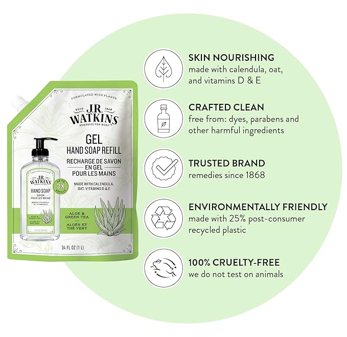 J.R. Watkins Gel Hand Soap Refill, Moisturizing Hand Wash, Alcohol-Free, Cruelty-Free, Aloe Green Tea, 34 Fl Oz, 3 Pack