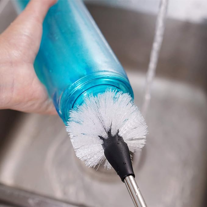 3-in-1 Stainless Steel Bottle Brush and Straw Cleaning Set, Long Handle Scrub Brush with Replaceable Head for Water Bottles, Glasswares, Mugs, Flasks, Tumblers, Vases, Flat Head