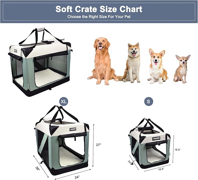 JESPET Soft Dog Crates Kennel for Pets, 3 Door Soft Sided Folding Travel Pet Carrier with Straps and Fleece Mat for Dogs, Cats, Indoor & Outdoor Use (5-Shale Green, X-Large(36" L x 24" W x 27" H))