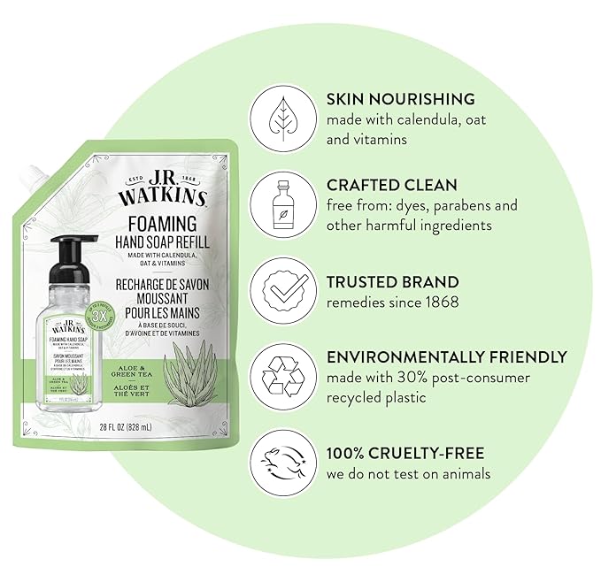 J.R. Watkins Foaming Hand Soap Refill, Moisturizing Foam Hand Wash, Formulated with Plant-Based Cleansers, Alcohol-Free, Cruelty-Free, Aloe & Green Tea, 28 fl oz, 2 Pack