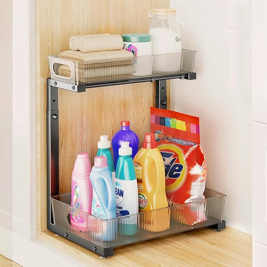 Under Sink Organizer, Under Sink Organizers and Storage with Adjustable Height and PET Basket, Pull Out Under Cabinet Organizer for Counter Kitchen, Vanity, Laundry, Pantry (1Pack, Black)