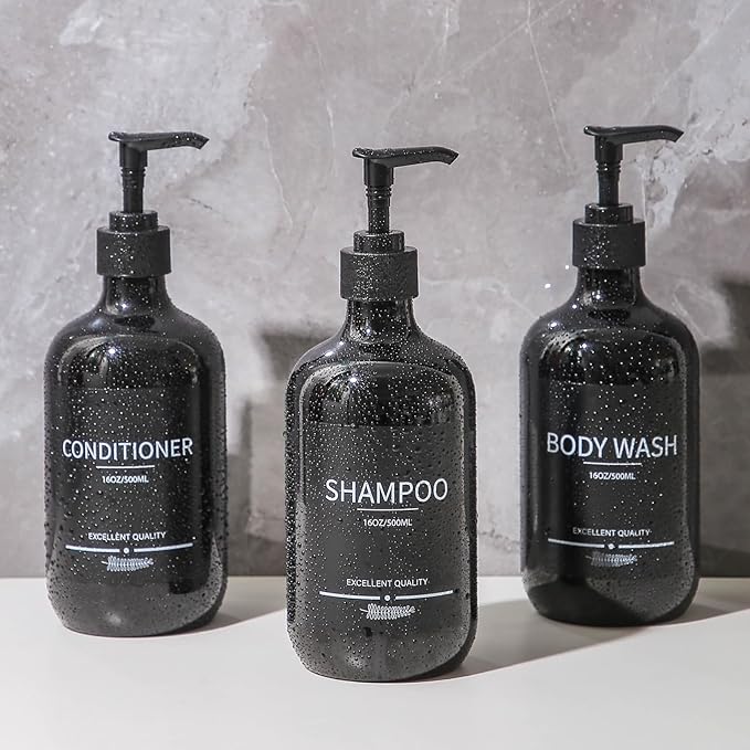 (5Pack) Black Shower Bottles Refillable with Labels, 16.9oz Reusable Shampoo and Conditioner Bottles,Shampoo Dispenser Bottles