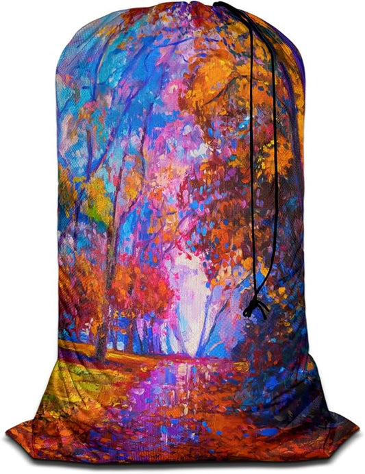 Swono Oil Painting Landscape Heavy Duty Laundry Drawstring Bag with Strap, Colorful Autumn Trees Jungle Nature 28 x 40 Inches Travel Dirty Clothes Bag for Laundromat and Household