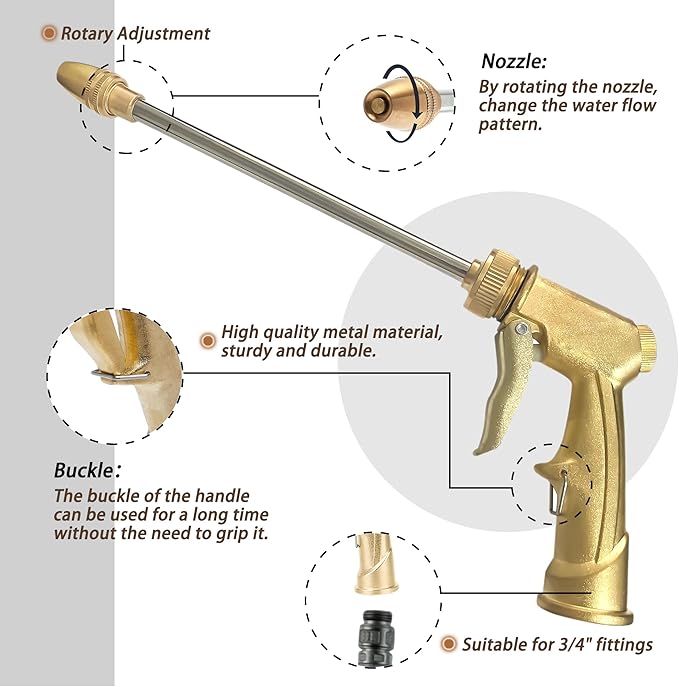 High Pressure Garden Hose Nozzle Sprayer with 3.5oz Plastic Soap Dispenser Bottle, Heavy Duty Car Wash Foam Gun, Adjustable Nozzle for Gardening, Solar Panel Cleaning, Pet Showering (Brass)