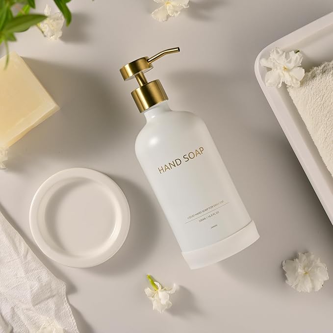 Glass Soap Dispenser Set by Janxin,Bathroom Soap Dispenser Set with Ceramic Tray,Luxury Bathroom Accessories,Modern Kitchen Decor (White+Gold(Hand Soap))