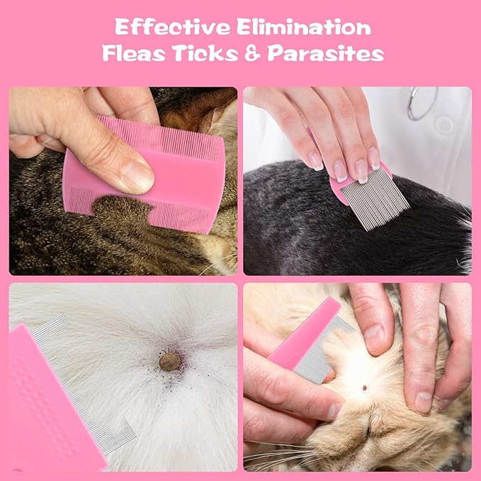 6-Pack Flea Comb for Dogs and Cats, Fine & Wide Tooth Stainless Steel Lice Comb, Tick Removal Tool, Tear Stain Remover, Dematting Brush - Professional Pet Grooming Kit for All Types of Pets