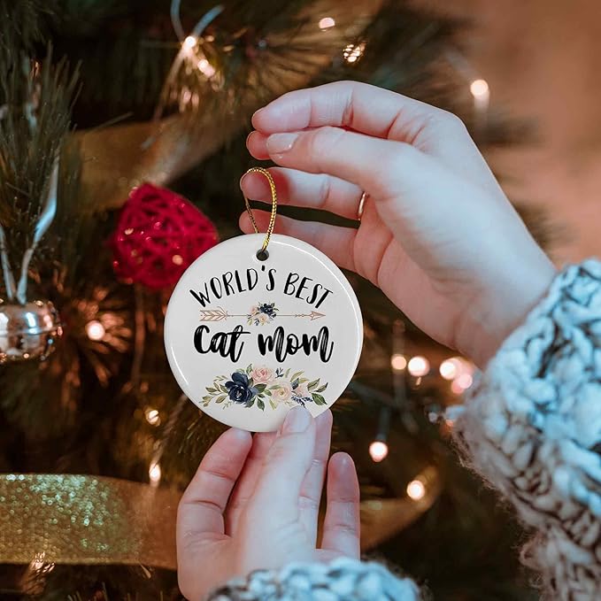 World's Best Cat Mom Ceramic Ornaments Gifts, Cat Mother Round Hanging Ornament Decor Decorations for Christmas Tree Car, Thank You Appreciation Gifts for Cat Lovers Women Birthday Holiday