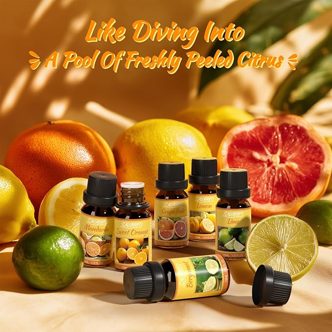 Salubrito Citrus Essential Oils Set for Diffuser, Fragrance Oil | Sweet Orange, Bergamot, Lemon, Grapefruit, Mandarin Orange, Lime Scented Oil for Soap Making, Candle Making