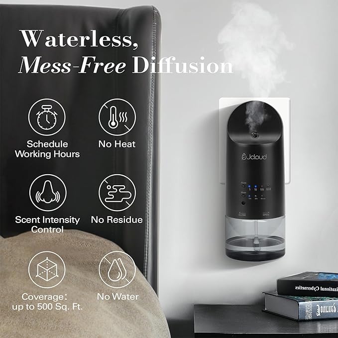 JCLOUD 2025 Plug in Diffuser | Cover Up to 500 Sq. Ft. for Home, Office, Spa – Portable Smart Wall Diffuser 160ML, Black with Royal Serenity Essential Oil Inspired by Luxury Hotel - 140mL