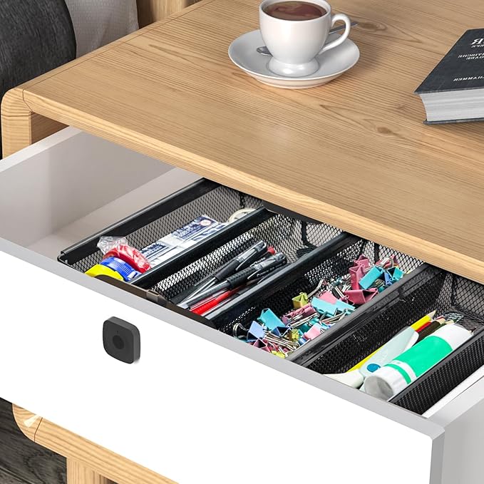 2PCS Drawer Organizer, Mesh Drawer Organizer with Interlocking Arm for Utensil, Cosmetic, Flatware, Pen (9 * 3 * 2 Inches, Black)