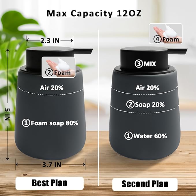 Soap Foaming Dispenser Ceramic with Easy-to-Press Pump Hand Foam Dispenser for Shampoo Bathroom Kitchen 12 oz