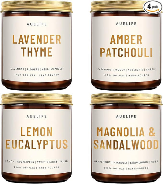 4 Pack Scented Candles Set | Scented Candles for Home, Candle Gifts for Women Men, Soy Candle for Home, Aromatherapy Gift of Amber Patchouli/Lemon Eucalyptus/Lavender/Sandalwood