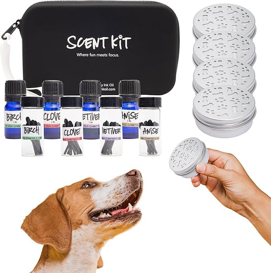 Ink Oil - Pup Scent Work Starter Kit I Dog Scent Training Kit I Complete Nose Scentwork - Anise, Birch, Clove & Vetiver Flavour I Portable Small Aid Kit for Pet Home Trainer - Pure Essential Oils Sets