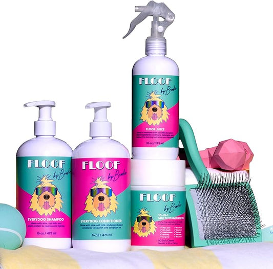 Floof by Brodie Complete Dog Wellness & Grooming Bundle – Multivitamin Chews, Shampoo & Conditioner Set, Dry Shampoo Spray, Slicker Brush - for Clean, Happy, Healthy Dogs