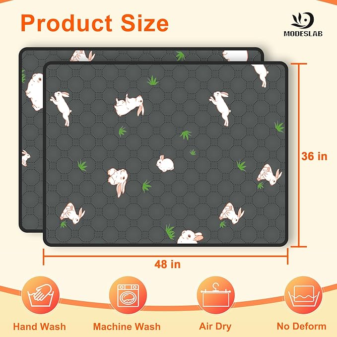 2-Pack Guinea Pig Cage Liner, 36in x 48in Fast Absorption Washable Bedding Pee Pads for Dogs Puppy Rabbit Small Animal Cage Mat, Leakproof & Non-Slip