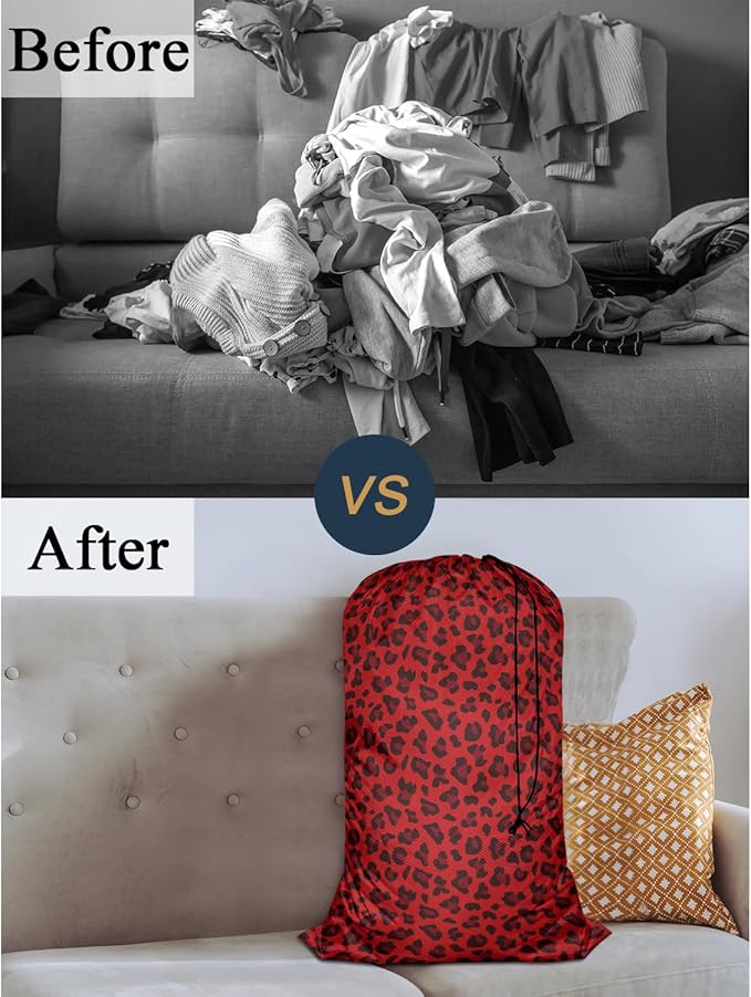 Swono Red Leopard Pattern Laundry Bag Large Heavy Duty Laundry Backpack with Adjustable Drawstring Closure Animal Print Panther Wildlife Laundry Hamper for Traveling Dirty Clothes Organizer