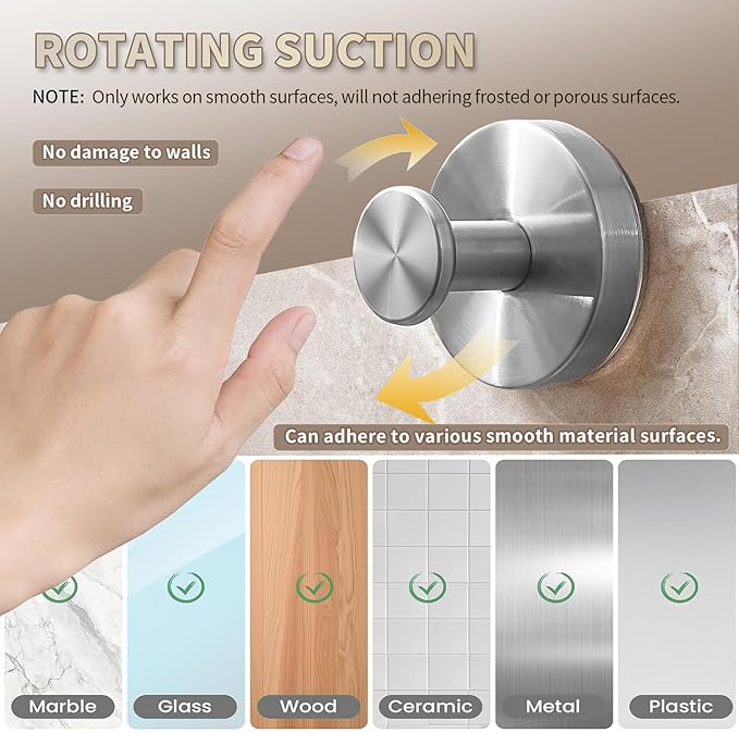 2025 Upgraded Drill-Free Suction Cup Hooks, Stainless Steel Suction Cup Hooks for Shower, Mirror, Wall, Bathroom, Glass, Hanging Towels - 4 Pack, Black