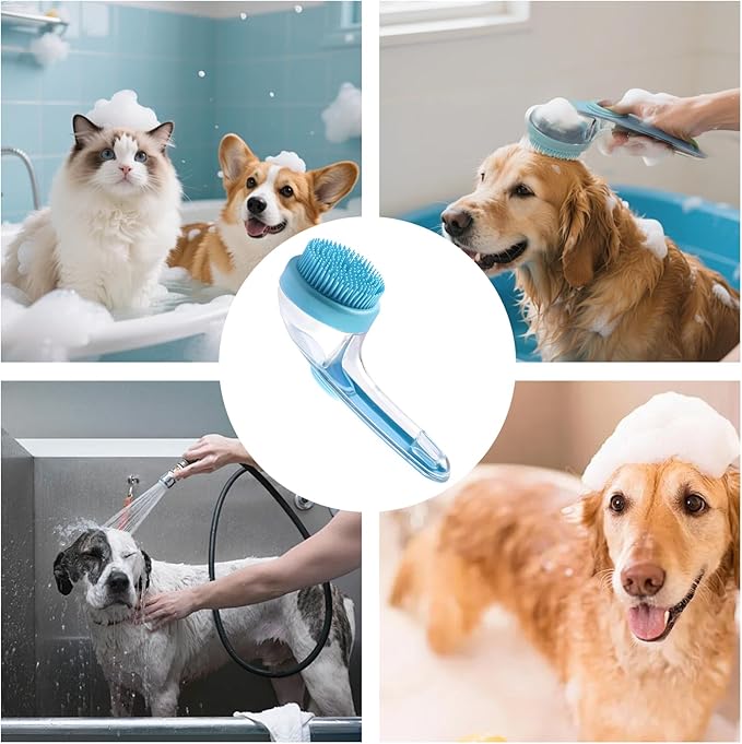 Dog Bath Brush, 2 in 1 Pet Bath Brush with Shampoo Dispenser - Pet Grooming Massage Brush with Silicone Bristles for Long Haired Dogs, Cats
