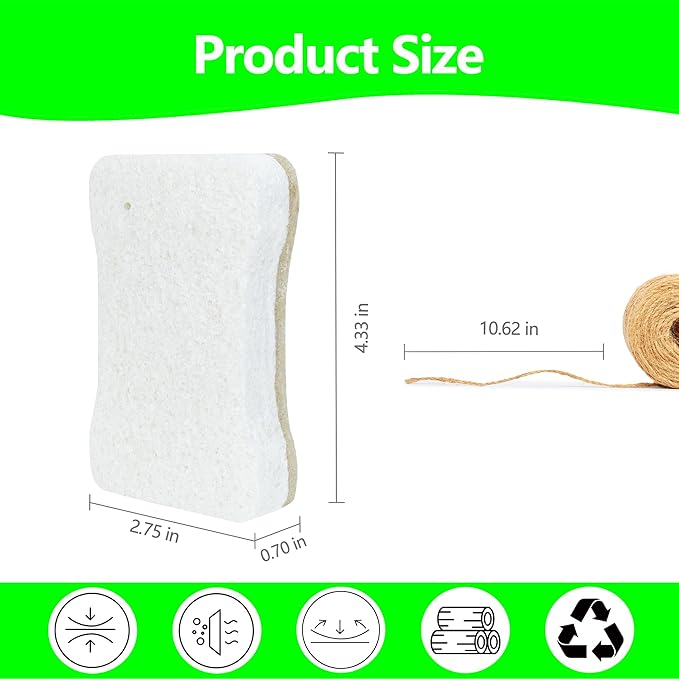 Organic Compostable Biodegradable Cellulose Sponges for Cleaning Kitchen Dishes/Sink/Pot/Potato, 15 Pack