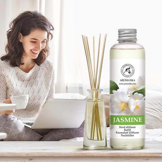 AROMATIKA Jasmine Essential Oil 200ml - Natural Reed Diffuser Refill for Long-Lasting Fragrance - Jasminum Officinale Oil - Air Freshener for Home, Office, Spa, Salon, Restaurant, Cafe, Bar