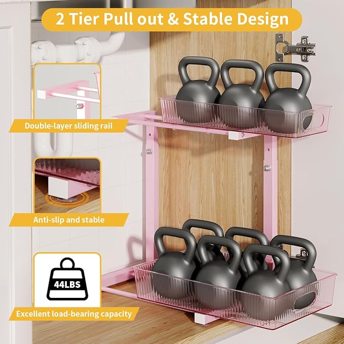 Under Sink Organizer, Under Sink Organizers and Storage with Adjustable Height and PET Basket, Pull Out Under Cabinet Organizer for Counter Kitchen, Vanity, Laundry, Pantry (2Packs)