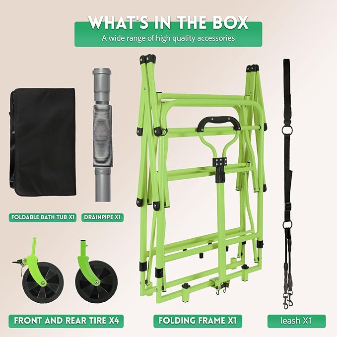 2-in-1 Dog Bathtub and Dog Stroller, Portable Dog Bath and Pet Stroller for Small and Medium Dogs (5-55 lbs) and Cats, Four-Wheel Bathing Cart with Brake Green