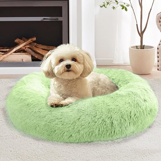 JOLLYVOGUE Small Dog & Cat Beds for Indoor Cats, Donut Cuddler Warming Soft Dog Beds with Anti-Slip Bottom, Round Calming Fluffy Plush Faux Fur Cushion Bed for Large Dogs (36", Light Green)