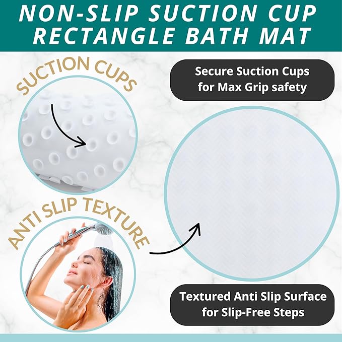 ENKOSI Non Slip Bath Mat for Tub and Shower Floors – Anti Slip Shower Mat with Secure Suction Cup Grip – Soft White Bathtub Mat for Inside Bath Tub and Smooth Bathroom Stalls (28x16 White)
