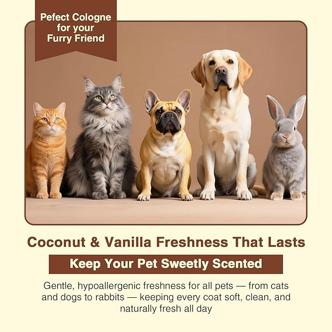 Dog Cologne & Pet Perfume – Long-Lasting Coconut & Vanilla Scent | Alcohol-Free Deodorizing Spray for Dogs & Cats, Gentle Non-sticky Grooming Formula, 4.06 oz