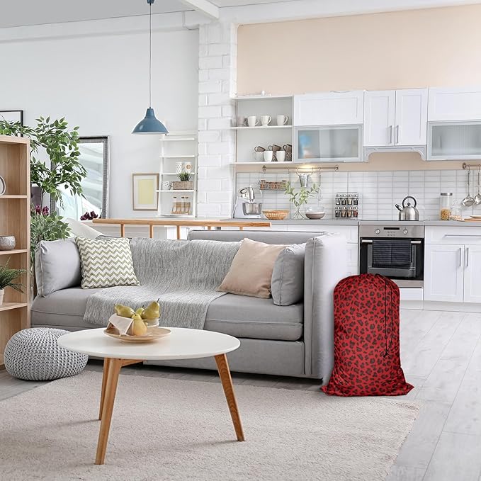 Swono Red Leopard Pattern Laundry Bag Large Heavy Duty Laundry Backpack with Adjustable Drawstring Closure Animal Print Panther Wildlife Laundry Hamper for Traveling Dirty Clothes Organizer