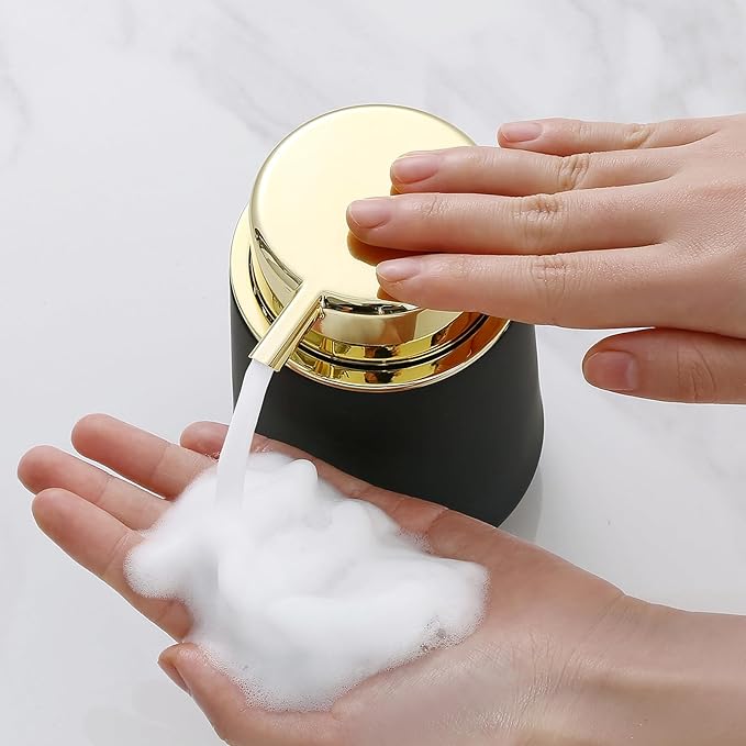 Matte Black and Gold Foaming Hand Soap Dispenser Plastic 11 oz - Modern Luxury Style for Bathroom & Kitchen Countertop Refillable